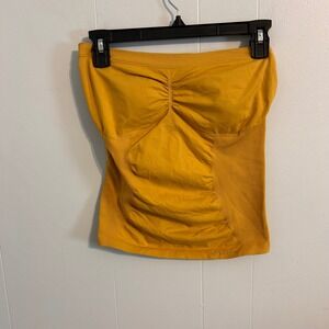 Bebe Womens Mustard Yellow Ruched Ribbed Tube Top Strapless Studded Logo M/L